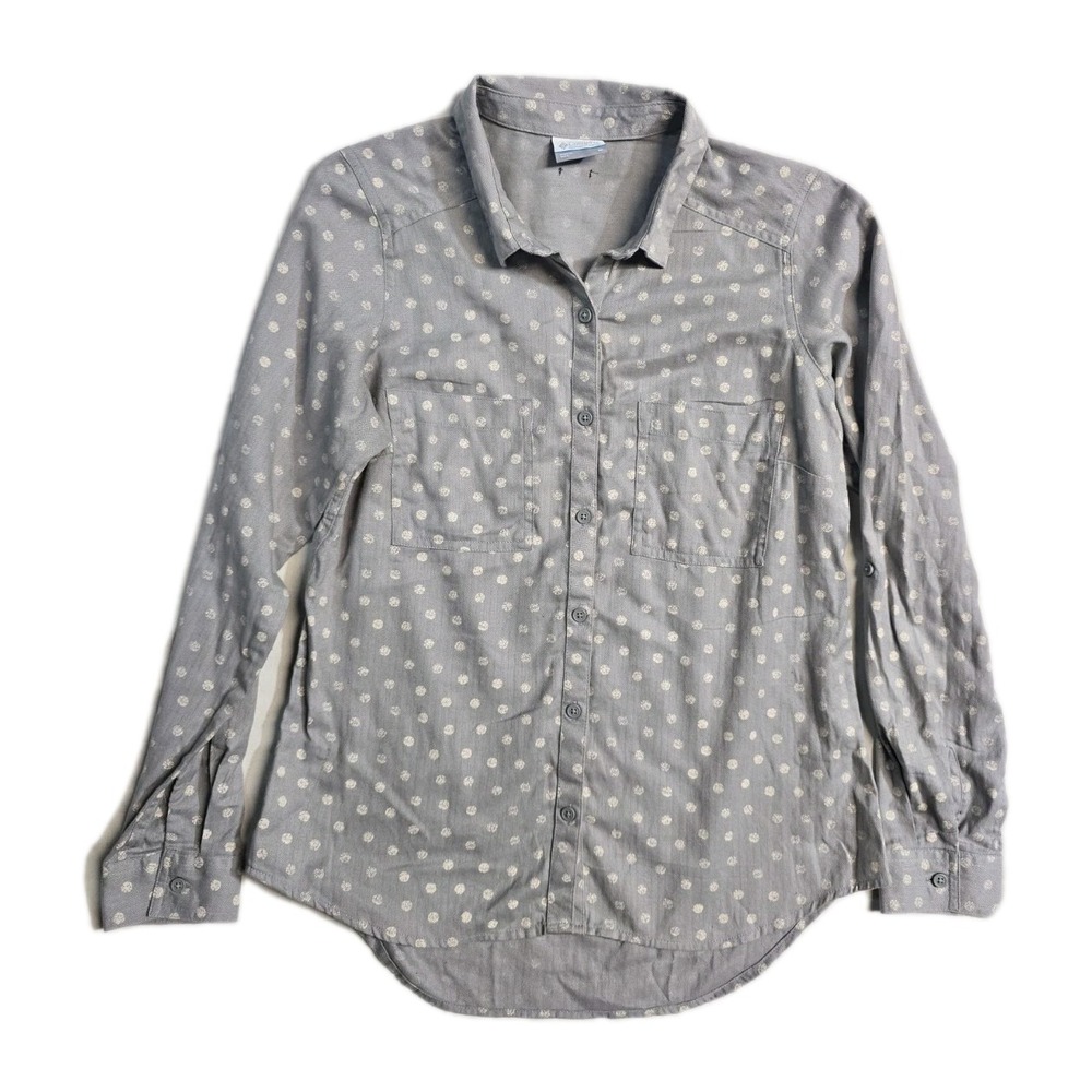Columbia Button‎ Up Shirt Women's Size Large M Gray Polka Dot Long Sleeve Top